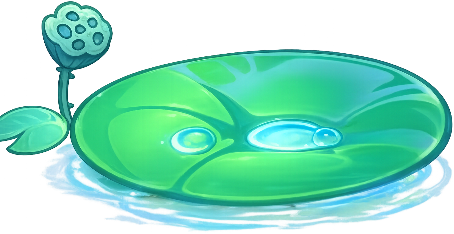 Digital illustration of a green lily pad with water droplets, a lotus flower with a stem and leaf, on a white background.