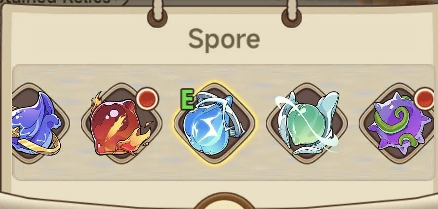 Screenshot of a game interface showing a section titled 'Spore' with five different colorful creature icons, each with a unique appearance and effects.