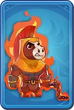 A cartoon character resembling a lion dressed as a warrior, with flames in the background and a blue border.