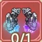 Two robotic arms with glowing blue and purple energy, set against a red background, with a counter displaying 0/1.