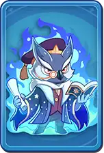 A cartoon character dressed as a wizard with a wolf mask, glasses, and a staff, surrounded by blue mystical effects.