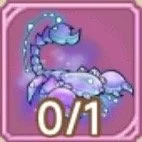 Close-up of a pastel purple, blue, and white cartoon dinosaur with a friendly expression, on a pink background with a 0/1 counter at the bottom.