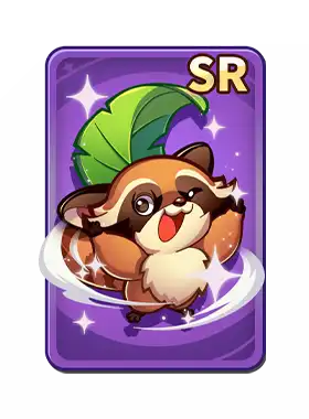 Cute animated raccoon character inside a purple frame with sparkling stars, labeled 'SR' in the top right corner.