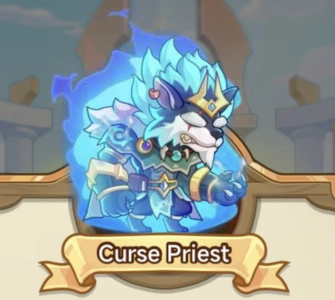 A fantasy creature called Curse Priest, a blue lion-like figure with glowing blue mane and mystical robes, standing with a fierce expression in a fantasy setting.