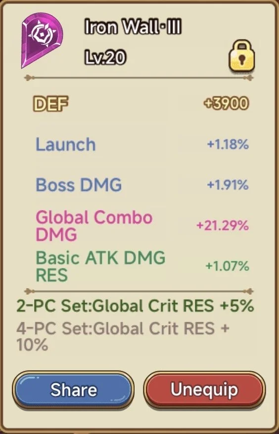 Screenshot of a game item called 'Iron Wall III,' a level 20 defensive equipment with various stats and set bonuses, with options to share or unequip.