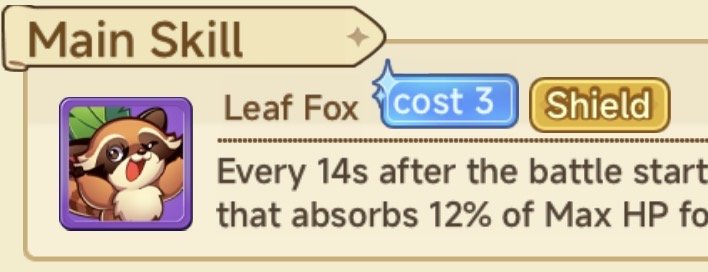 A game interface showing a main skill called 'Leaf Fox' with an icon of a cute fox character, costing 3 points, providing a shield, and absorbing 12% of Max HP every 14 seconds after battle starts.