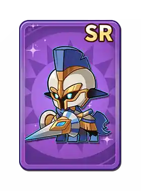 A cartoon character dressed as a futuristic knight with a helmet and armor, holding a sword, on a purple background with a shiny border, labeled 'SR' in the top right corner.