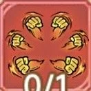 Six yellow hands with clenched fists arranged in a circle around a white 0/1 score on a red background.