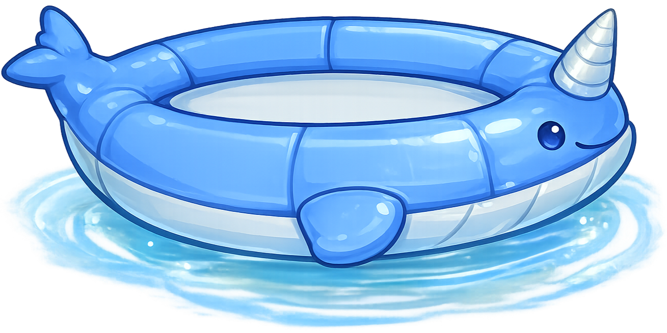 Blue inflatable boat designed to look like a narwhal with a unicorn horn, floating on water.