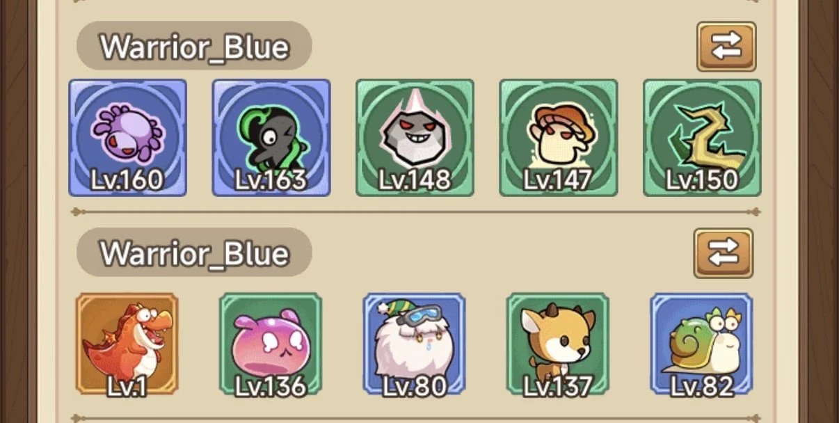 Screenshot of a game interface showing two groups of Pokémon characters, each with five characters with levels ranging from 1 to 163.