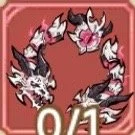 Circle of five wolf heads with pink wolves in the center, all on a pink background with a white border and the text '0/1' at the bottom.