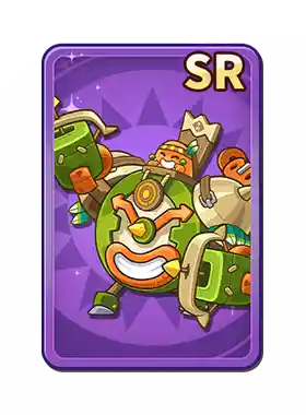 A purple card with the label "SR" featuring a group of cartoon-style characters, including a green robot, a robot with a whirring drill, and a small orange creature with a crown, all surrounded by some mechanical and robotic elements.