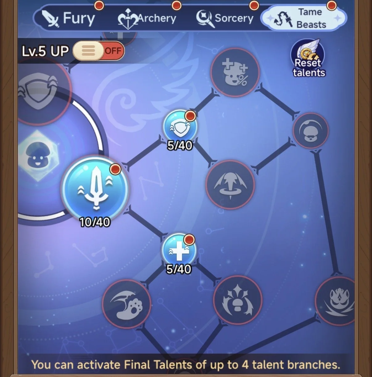 Screenshot of a game skill tree interface with categories Fury, Archery, Sorcery, and Tame Beasts, showing various talents and levels, with some talents marked as maxed out or in progress, and a message indicating you can activate up to four talent branches.