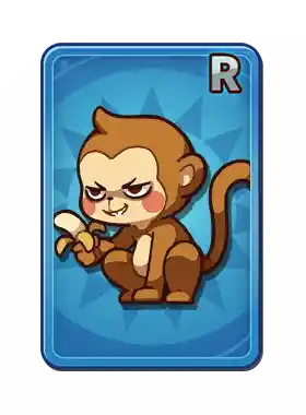 Cartoon monkey character with a mischievous expression, holding a small object, on a blue background with a red 'R' at the top right corner.