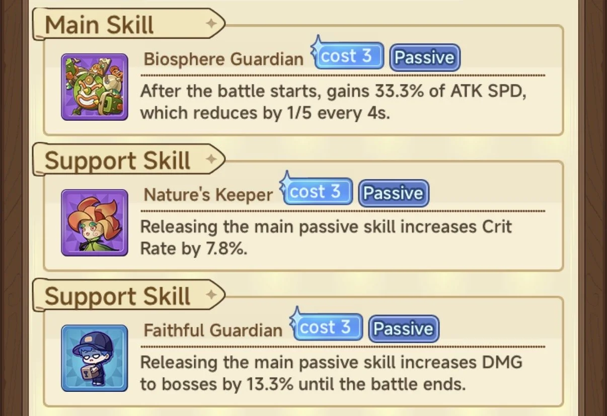 Screenshot of game skill descriptions showing three passive skills: Biosphere Guardian, Nature's Keeper, and Faithful Guardian, each with their effects and cost.
