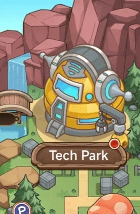 Illustration of a cartoon tech park featuring a large yellow robot with blue and gray details, surrounded by red mountains, trees, a small waterfall, and park benches.