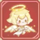 Cute cartoon angel with golden hair, a halo, and wings, sitting on clouds against a pink background.