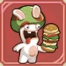 Cartoon character with bunny ears holding a large hamburger with multiple patties.