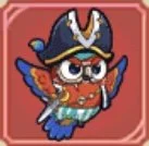 Cartoon owl dressed as a pirate with a hat, eyepatch, and feathers, standing on a pink background.