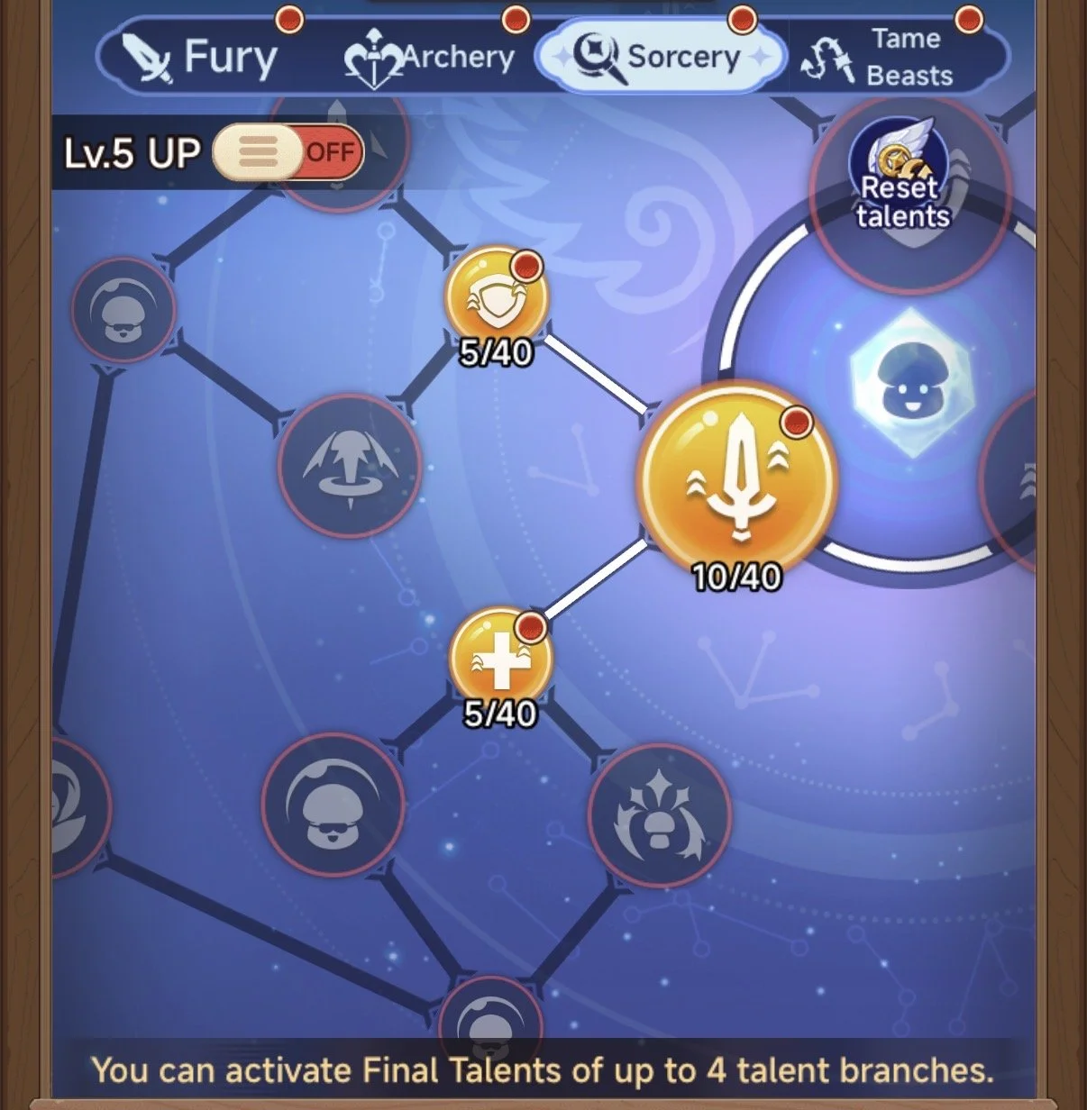 Screenshot of a skill tree from a video game with categories Fury, Archery, Sorcery, and Tame Beasts at the top. The Sorcery category is highlighted. The skill tree shows nodes with icons, such as a face with a red dot, a sword, a plus sign, and a shield, each with associated levels. There is a toggle switch to turn level 5 upgrades on or off. Text at the bottom states, 'You can activate Final Talents of up to 4 talent branches.'