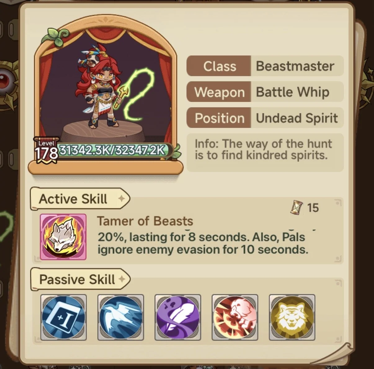 Game character with red hair and tribal accessories, holding a glowing green weapon, standing on a wooden platform with a theater curtain background.