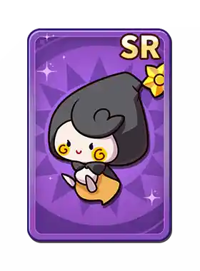 Cute cartoon character with black hair, yellow eyes, and a yellow bow, sitting with closed eyes on a purple background.