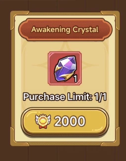 Screen showing an in-game purchase of an awakening crystal, with a purple and gold gem icon, available for 2000 coins, with a limit of one.