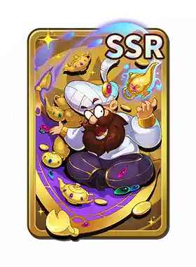Cartoon character with a beard and glasses surrounded by gold coins, gold ingots, and a blue dragon, with an 'SSR' label at the top right.