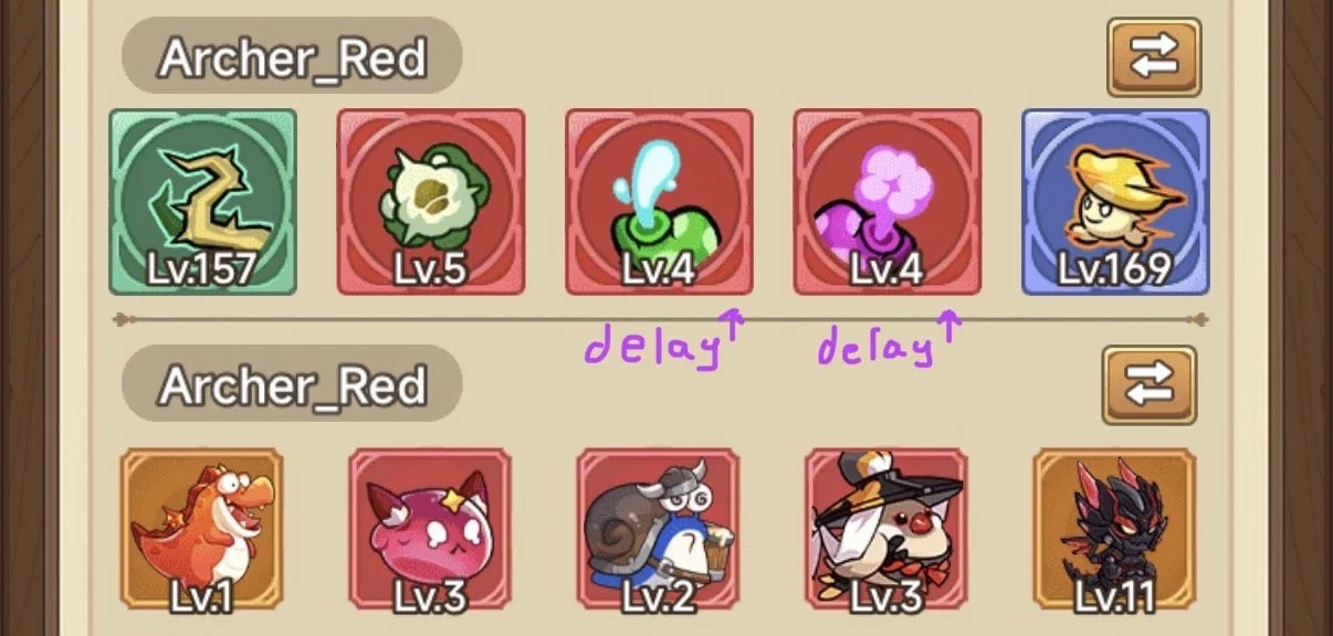 Three rows of fantasy game characters with levels. The top row has a creature at level 157, a plant at level 5, a water droplet at level 4, a purple cloud at level 4, and a blonde-haired character at level 169. The bottom row has an orange dinosaur at level 1, a pink cat at level 3, a blue and white turtle at level 2, a white dog with a hat at level 3, and a black armored character at level 11. Handwritten purple text with arrows indicates delays.