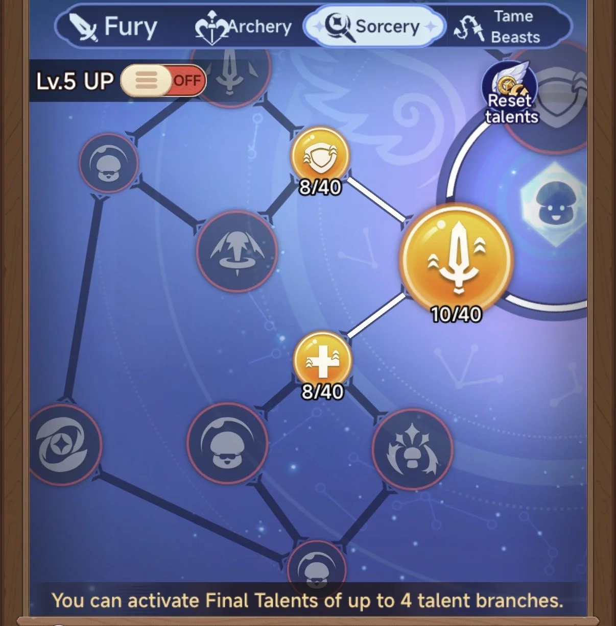 A skill tree in a video game showing the 'Sorcery' talent branch with nodes highlighting unlock progress. The tree includes icons for various abilities such as a mask, cross, and helmet, connected by lines. Text indicates the player can activate up to four talent branches.