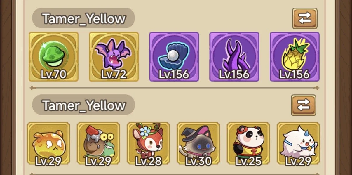 Screenshot of a game interface displaying two rows of cute, colorful characters with levels and icons, including some with plant, bat, dragon, pineapple, bear, koala, fox, panda, and sheep-like appearances.