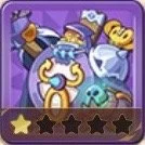 A character dressed as a wizard surrounded by magical items in a game interface, with a five-star rating below.