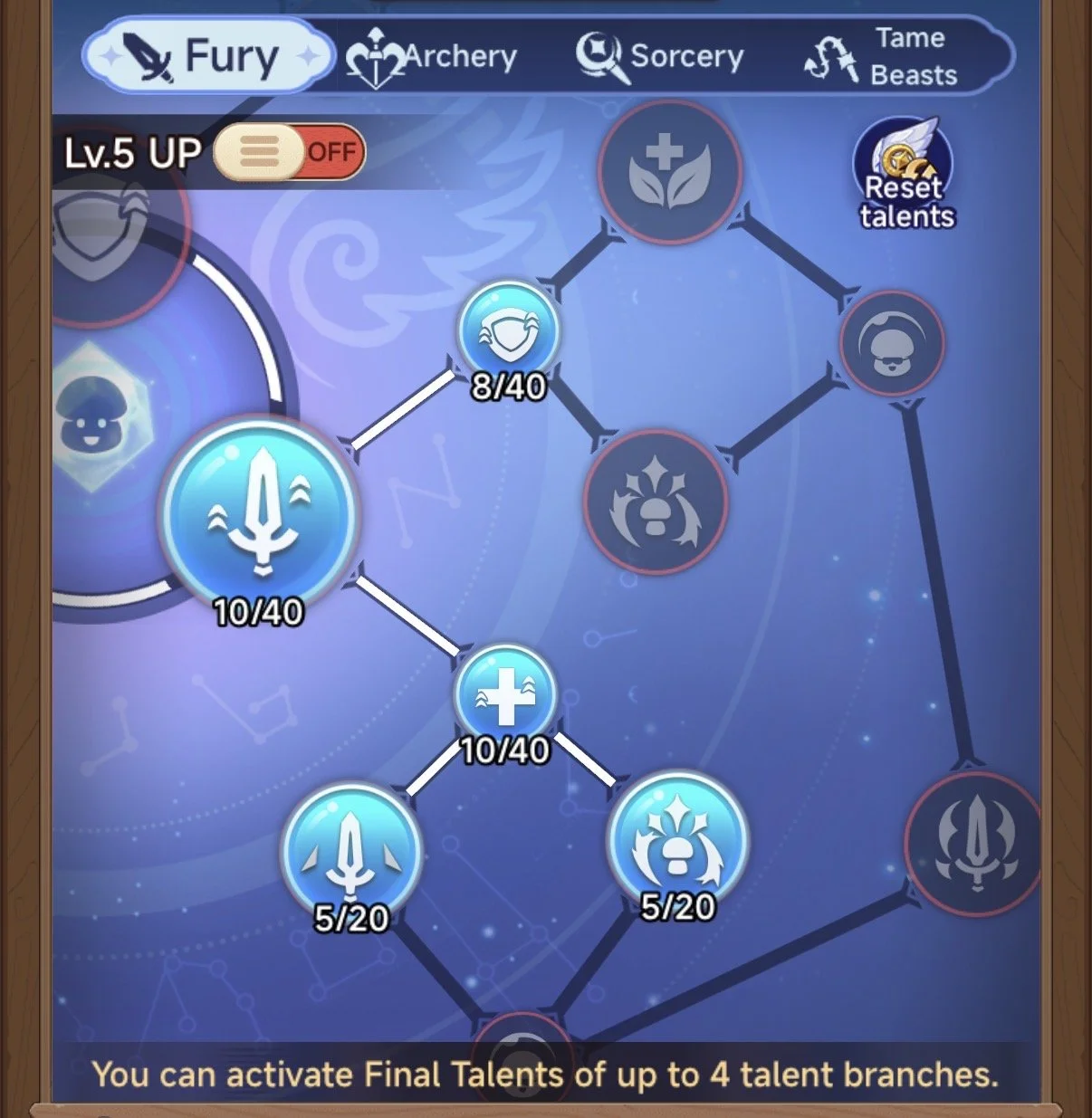 Video game skill tree screen showing Fury, Archery, Sorcery, and Tame Beasts talent branches. The Fury branch is at level 5/40, with different icons representing talents. The screen notes a maximum of 4 talent branches can be activated.