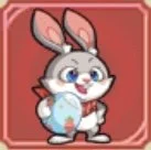 Cartoon bunny holding an Easter egg, with a pink background.