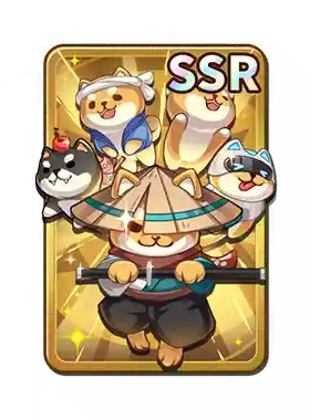 Animated game card featuring a central character wearing a mask, with four dog characters around: a husky, a corgi, a Siberian Husky, and a Shiba Inu, with a gold background and a glowing effect, labeled 'SSR'.
