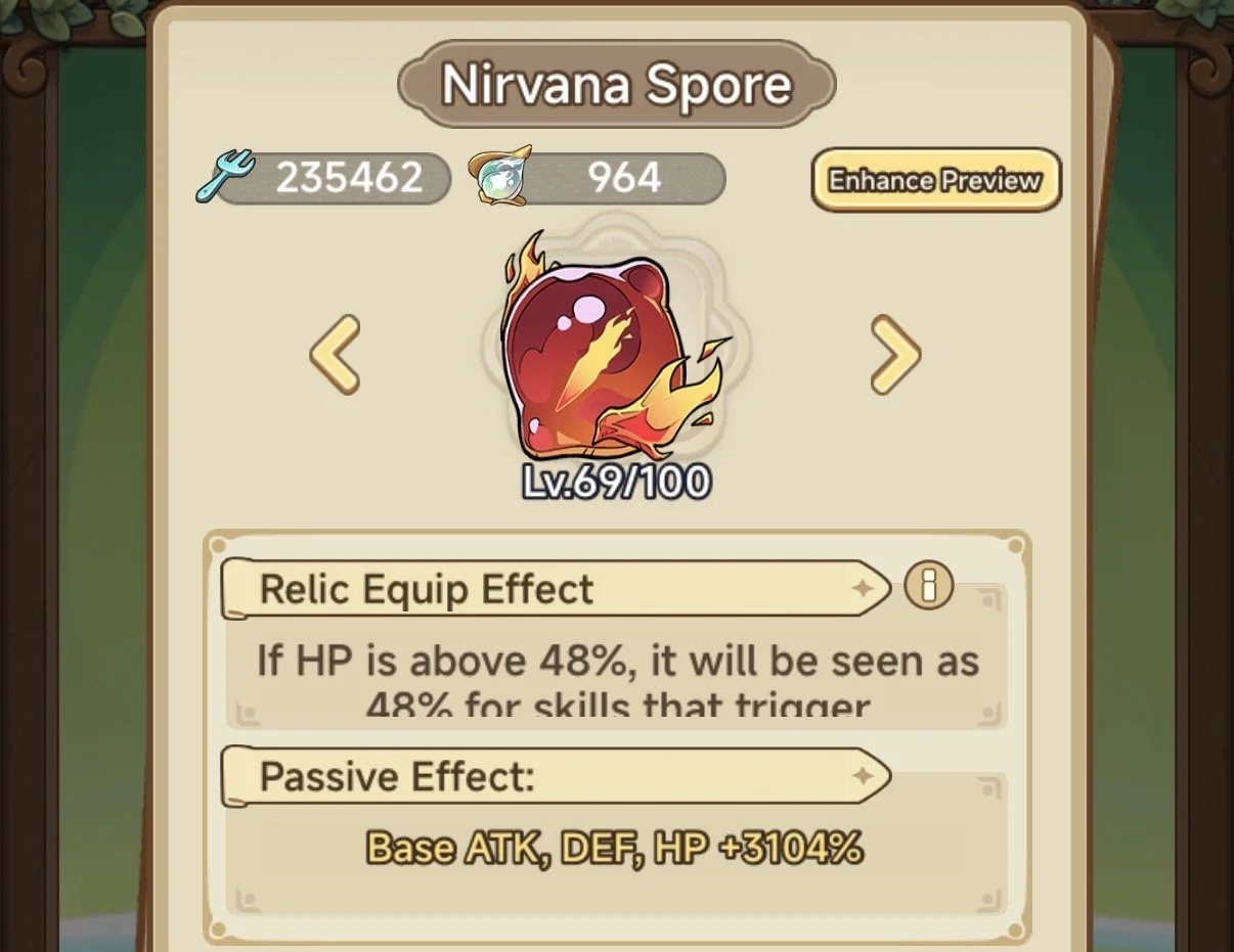 A digital card of a fiery red orb called Nirvana Spore, level 69 of 100, with effects for a game. The card shows stats and effects including a relic equip effect and a passive effect increasing ATK, DEF, and HP by 3104%.