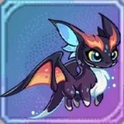 Cartoon dragon character with purple, black, and orange coloring, large green eyes, wings, and sharp features, set against a purple background.