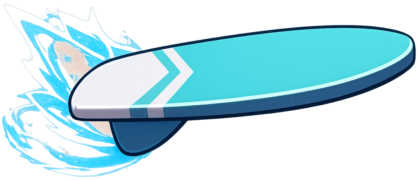 A cartoon-style skateboard with a blue gradient deck and white lightning bolt design, creating a splash of water around it.