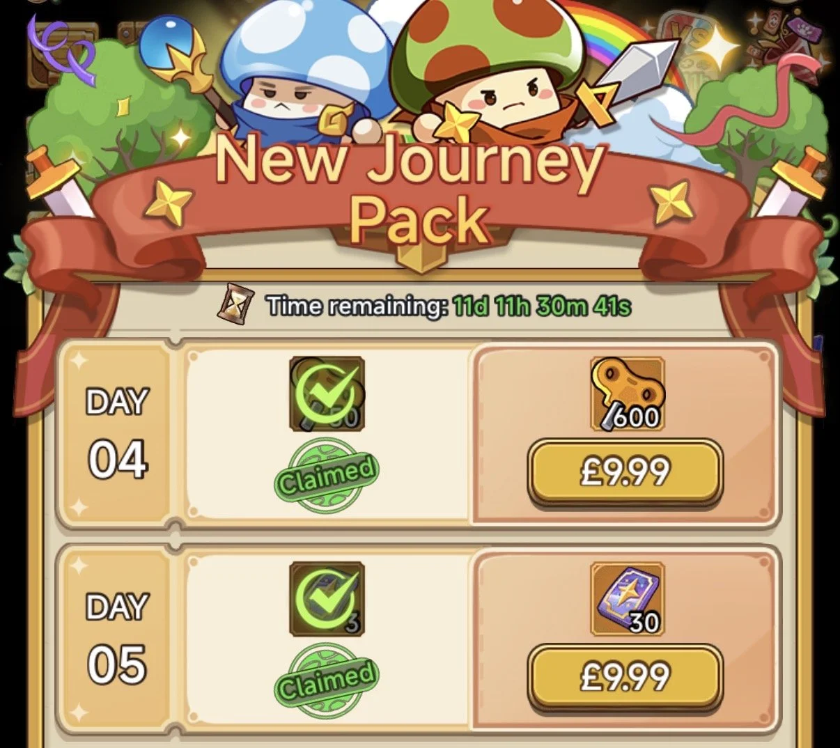 Screenshot from a mobile game showing a 'New Journey Pack' event. Two characters at the top wear mushroom hats and armor; one blue and one orange. Below, there is a countdown timer, and two daily goals with check marks and 'Claimed' stamps, offering items for sale at 9.99 pounds, including in-game currency and tickets.