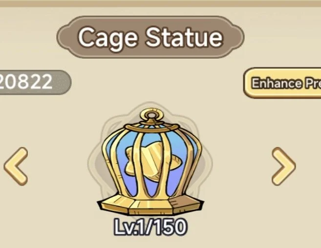In-game screen showing a cage statue with gold and blue accents, labeled 'Cage Statue' at the top, with a level indicator of 1 out of 150.