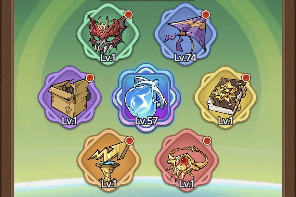 A collection of magical or mystical items arranged on a green background, each with levels ranging from 1 to 74. The items include a red dragon mask, a purple and gold umbrella, a purple pouch, a blue orb with lightning, a brown box, a golden book with a face, a sword, and a gold ring with a red gem.
