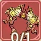 A red creature with dragon-like features holding a yellow creature, with a shield-like background and 0/1 indicator.