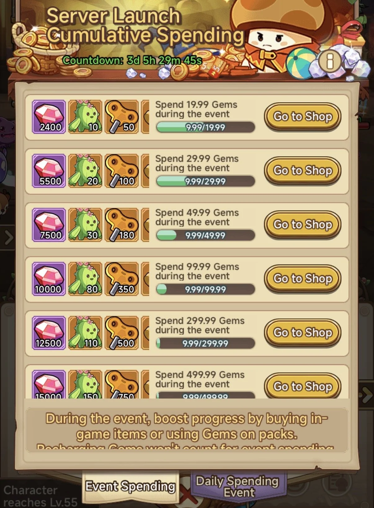 In-game shop menu showing different spending options for gems during an event in a mobile game. Each option displays the amount of gems required and the rewards, like gems, moss, and sticks, with a 'Go to Shop' button next to each.