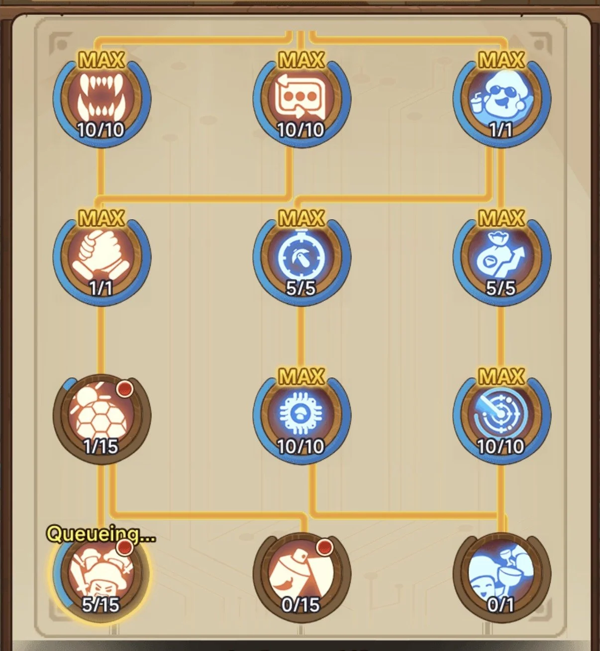 Skill tree with various icons indicating abilities and progress, each connected by lines, with some icons marked as MAX and others showing progress like 10/10 or 5/5, in a game interface.