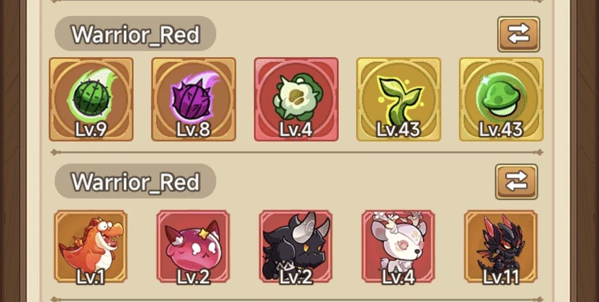 Screenshot of a game inventory showing two sets of warriors labeled 'Warrior_Red.' The top set displays six creatures with various levels, including a green watermelon-like character at level 9, a purple spiky creature at level 8, a white fluffy creature at level 4, a small sprout at level 43, and a green helmet at level 43. The bottom set features five creatures with varying levels, including an orange dragon at level 1, a pink cat at level 2, a black wolf at level 2, a white creature with pink details at level 4, and a black spiky character at level 11.