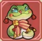 Cute cartoon frog with a pink bow, holding a yellow flower, standing against a red background.