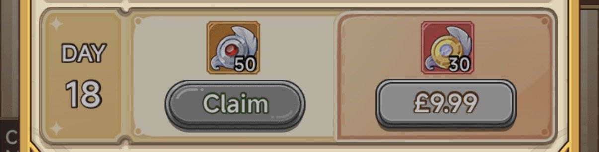 Screenshot of a game interface showing day 18, with options to claim 50 of a white rabbit icon currency or buy 30 of a coin currency for £9.99.