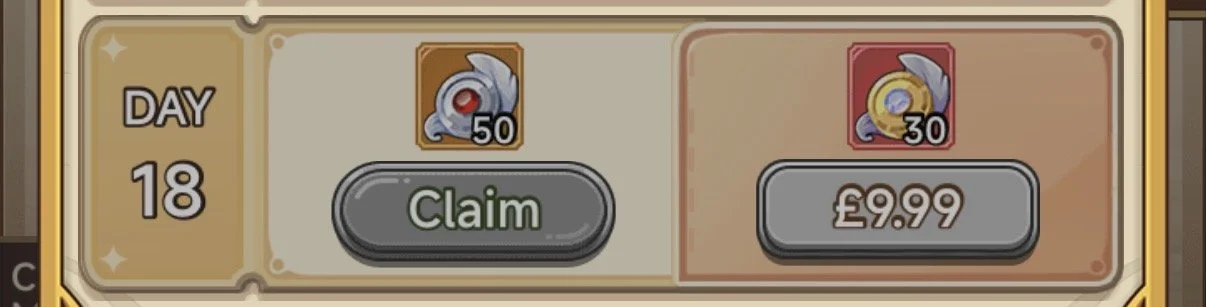 Screenshot of a game interface showing day 18, with options to claim 50 of a white rabbit icon currency or buy 30 of a coin currency for £9.99.