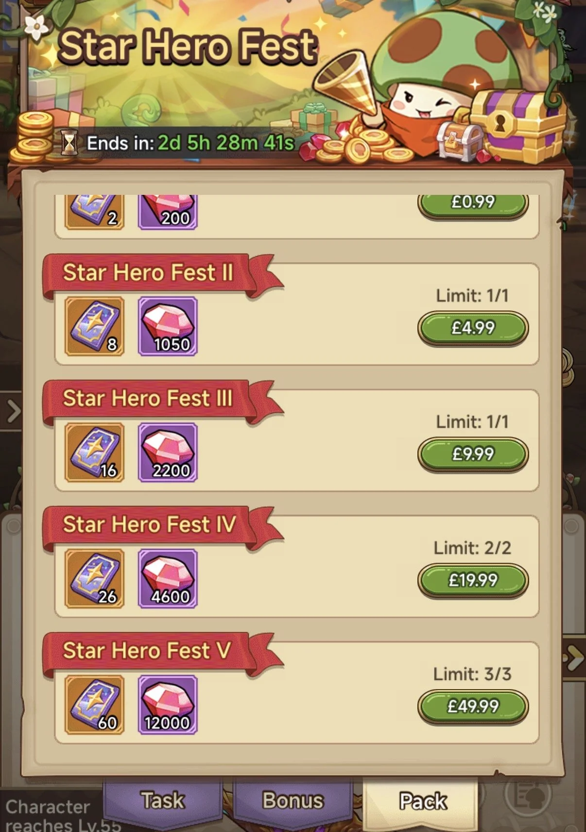 In-game shop menu for Star Hero Fest event showing different purchase options for time-limited packs of in-game currency. Options include different quantities of gems at various prices, with some limits on number of purchases.