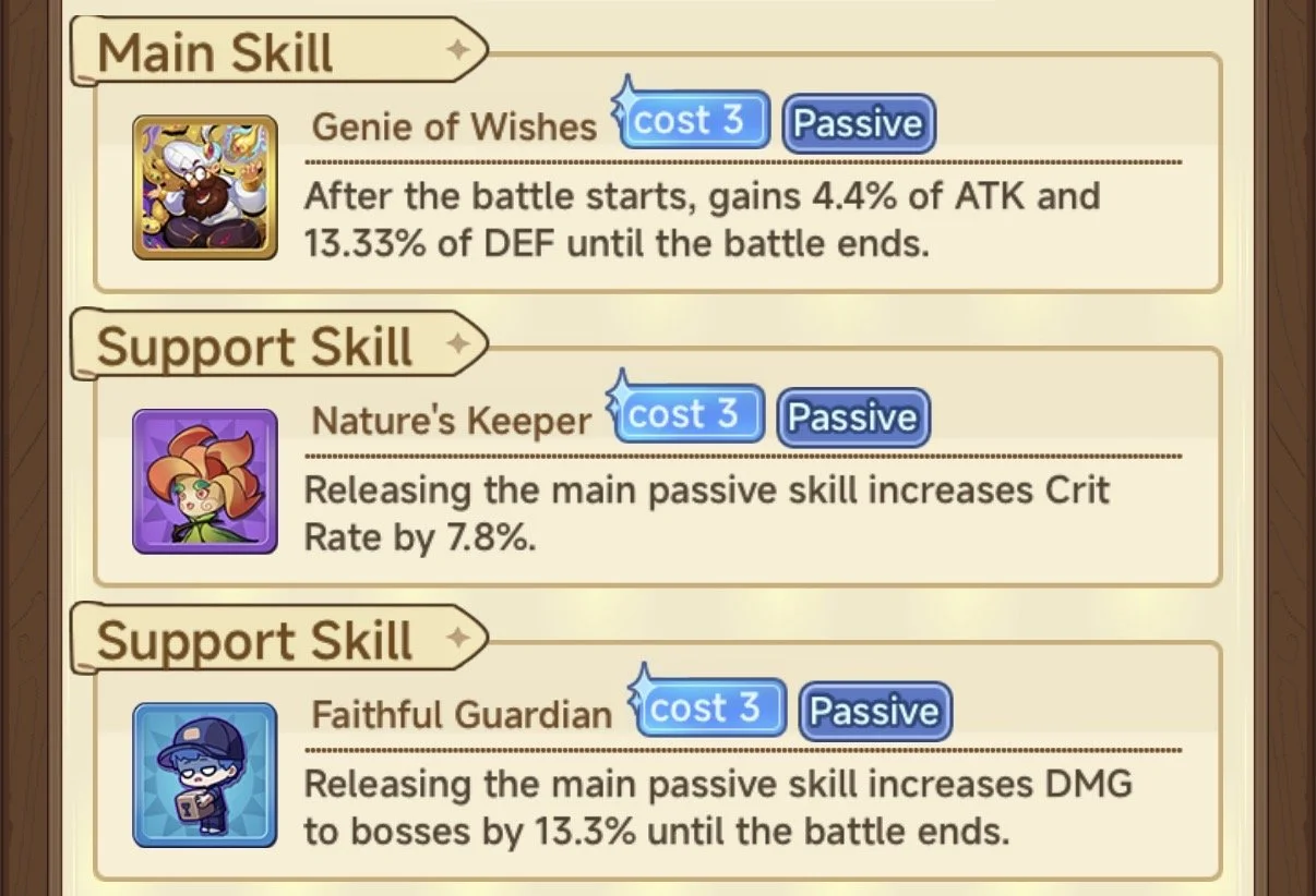 Screenshot of a game interface showing three skills: Main Skill 'Genie of Wishes' which is passive and costs 3, Support Skill 'Nature's Keeper' which is passive and costs 3, and Support Skill 'Faithful Guardian' which is passive and costs 3.